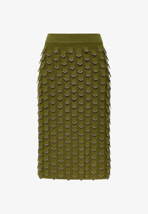 Olivgrüner Strickrock mit strukturiertem Design aus erhabenen, dreieckigen Formen, die lila umrandet sind. Elastischer Bund, figurbetonte Silhouette.