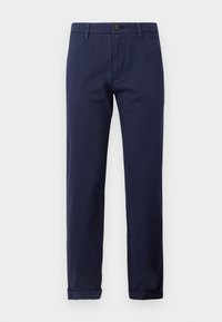Pantalon bleu marine à jambes droites avec passants de ceinture, fermeture à boutons et ourlets retroussés, présenté sur un fond uni.