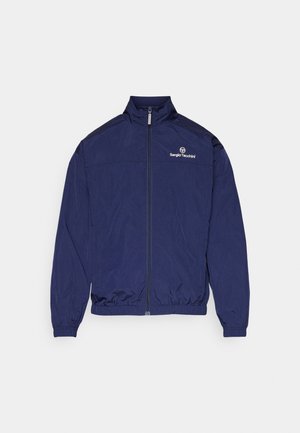Navy blue lightweight jacket made of smooth fabric, featuring a high collar, zippered front, elastic cuffs, and the Sergio Tacchini logo.