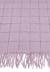 Sciarpa in lana lavanda morbida con motivo a griglia scuro cucito e bordi frangiati.