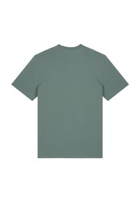 Schlichtes, kurzärmeliges T-Shirt mit Rundhalsausschnitt in gedämpftem Grün, von hinten auf einem weißen Hintergrund dargestellt.