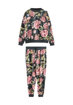 Kvetinová mikina a nohavice v tmavosivej farbe, s veľkými ružovými a žltými kvetmi, rebrovanými manžetami a pásom na šnúrku.