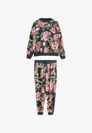 Kvetinová mikina a nohavice v tmavosivej farbe, s veľkými ružovými a žltými kvetmi, rebrovanými manžetami a pásom na šnúrku.
