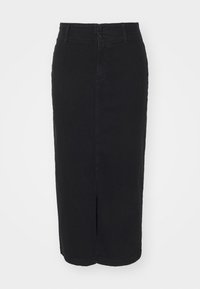 Jupe en denim noir au design droit, avec une fente avant, une fermeture à deux boutons à la taille et un style à cinq poches.