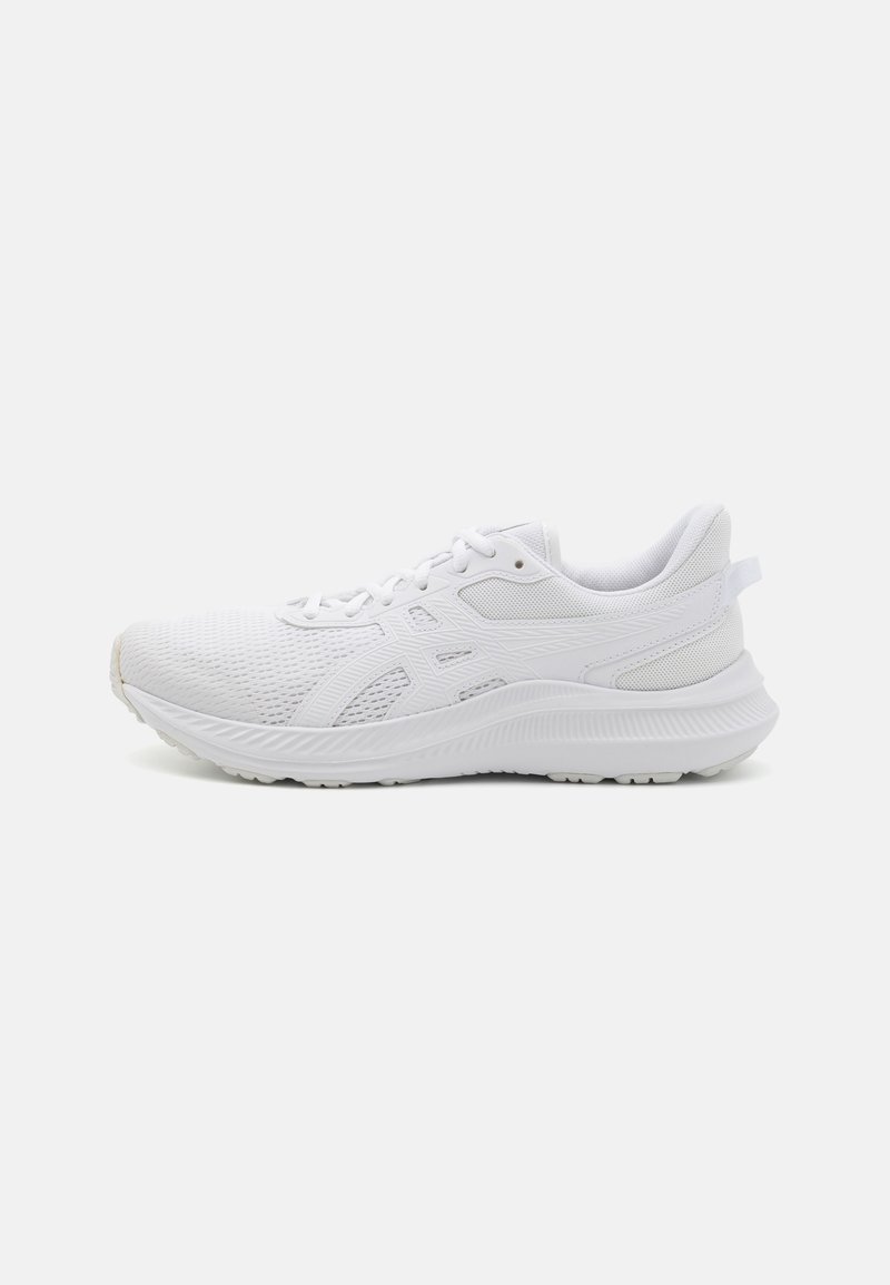 White athletic shoes with a mesh upper, textured detailing, padded collar, and a sturdy synthetic sole. Equipped with lace-up closure.