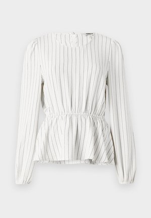 Hvit langermet bluse med vertikale svarte striper, samlet liv, rund halsutskjæring og elastiske mansjetter. Lett stoff med myk tekstur.