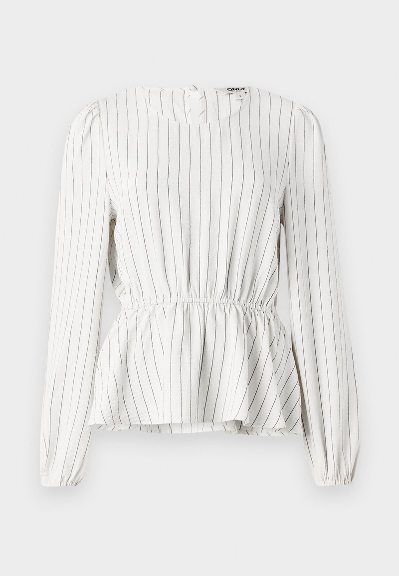 Blusa blanca de manga larga con rayas verticales negras, cintura fruncida, escote redondo y puños elásticos. Tejido ligero con textura suave.