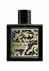 Sort glas parfume flaske med en flad sort hætte, der har et guld hestedesign og geometriske mønstre på en sort baggrund.