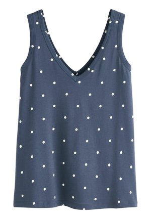 Varrukateta tumedasinine topp valgete täppidega ja sügava V-kaelusega, valmistatud pehmest ja kergest kangast.