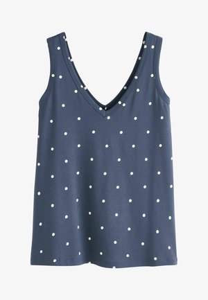 Granatowy top na ramiączkach w białe grochy z głębokim dekoltem w serek, wykonany z miękkiego, lekkiego materiału.