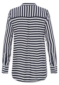 Camicia a maniche lunghe con un motivo a righe verticali blu navy e bianche, dotata di colletto standard e polsini con bottoni, realizzata in tessuto liscio.
