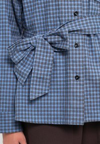 Chemise à carreaux bleu et gris avec des boutons noirs nouée en nœud à la taille, portée sur un pantalon marron foncé.