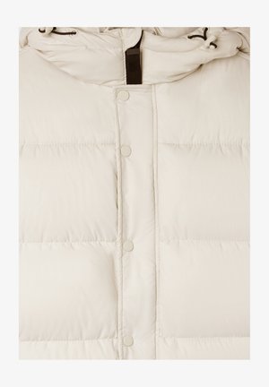 Giacca trapuntata color beige chiaro con cappuccio, chiusura a bottoni a pressione e texture trapuntata. Realizzata in un materiale sintetico liscio.