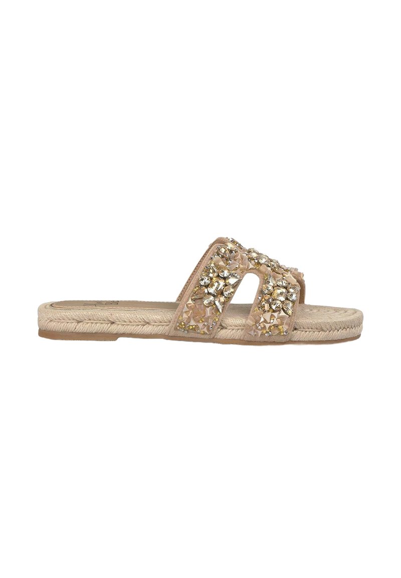Beige slide sandal with two wide straps, embellished with clear and gold-tone rhinestones, and a natural rope sole.