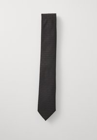 Crna pletena kravata s suptilnim teksturiranim uzorkom i tonom brendiranja. Uski oblik s vrhom, prikladna za službenu odjeću.