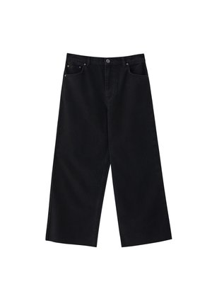Pantalon court noir à jambes larges avec bouton sur le devant, fermeture éclair, poches devant et dos, en tissu denim.