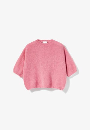 Maglione rosa tenue lavorato a maglia con maniche corte, scollo rotondo e vestibilità ampia leggermente corta.