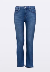 Blå denimjeans med lige ben, der har en knapgylp og fem-lomme design, glat tekstur og minimal slid.