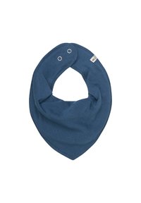 Niebieski bawełniany chusteczka dla niemowląt z dwoma guzikami zatrzaskowymi i małą metką z tkaniny po boku.