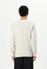 Sudadera beige claro con mangas largas, cuello redondo y puños acanalados. Presenta una textura suave, diseño simple y color uniforme.