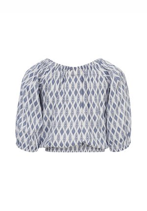 Weiße Bluse mit blauem Rautenmuster, kurzen Puffärmeln, elastischem Halsauschnitt und gerafftem Saum, aus leichtem Stoff gefertigt.