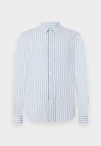 Striped shirt featuring vertical light blue and white stripes, button front, and a single chest pocket. Long sleeves with buttoned cuffs.