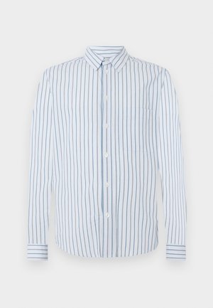 Striped shirt featuring vertical light blue and white stripes, button front, and a single chest pocket. Long sleeves with buttoned cuffs.