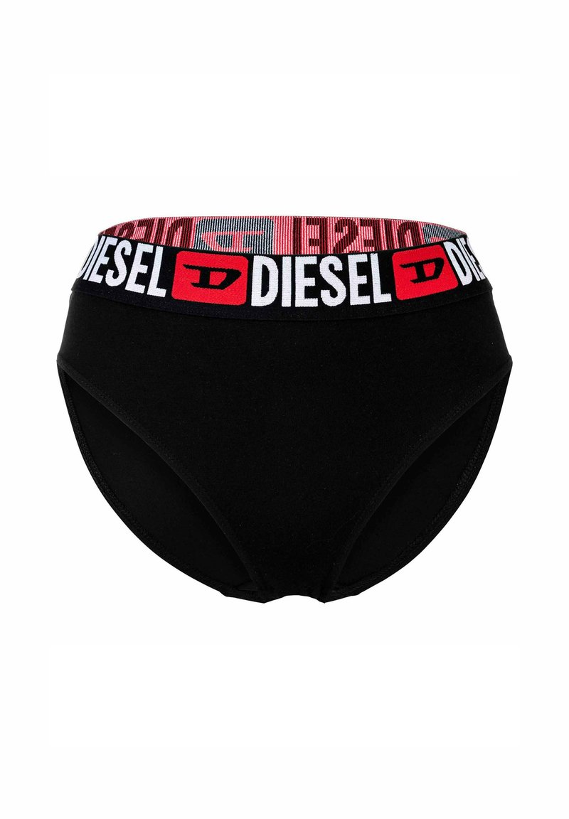 Schwarze hochgeschnittene Unterwäsche mit einem mehrfarbigen Gummibund, auf dem der Markenname "DIESEL" in roter und weißer Schrift dargestellt ist.