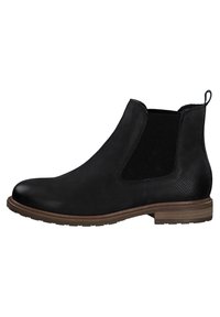 Bottine Chelsea en cuir noir avec un bout arrondi, des panneaux en textile sur les côtés, des accents texturés et une semelle en caoutchouc brun.