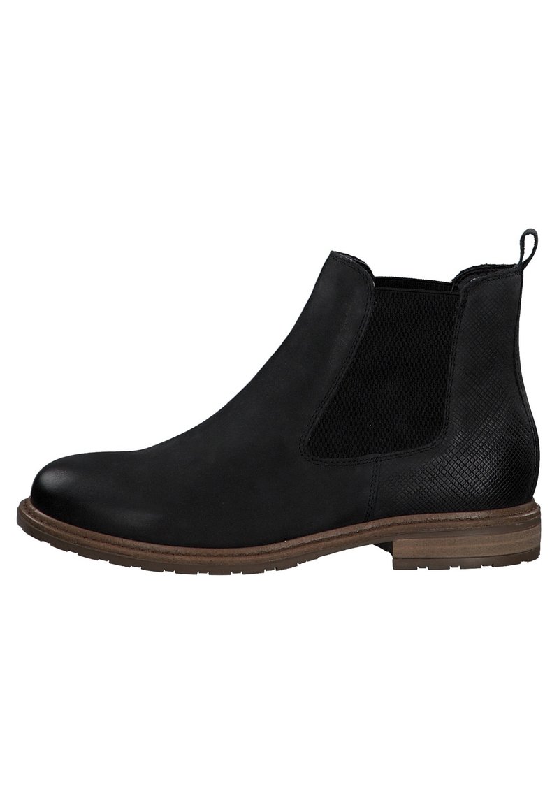 Bottine Chelsea en cuir noir avec un bout arrondi, des panneaux en textile sur les côtés, des accents texturés et une semelle en caoutchouc brun.