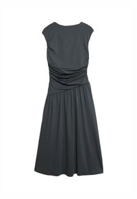 Ciemnoszara sukienka z krótkimi rękawami, marszczonym topem i rozkloszowanym dołem. Wykonana z miękkiego materiału o gładkiej teksturze i subtelnych detalach drapowania.
