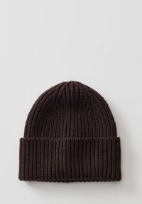 Brown knitted beanie hat with a ribbed texture and folded cuff, made from a thick yarn for warmth and comfort.