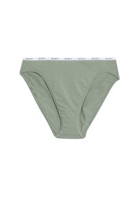 Grüne Baumwollunterhosen mit einem weißen Bund, auf dem das Wort "BODY" wiederholt steht. Sie haben eine glatte Textur und einen klassischen Schnitt.