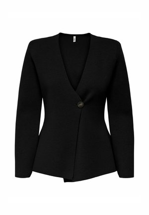 Černý blazer s hlubokým výstřihem do V, dlouhými rukávy a jedním knoflíkem na zapínání. Nabízí přizpůsobený střih a hladkou, texturovanou tkaninu.