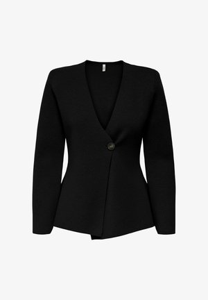 Czarna marynarka o głębokim dekolcie w kształcie V, z długimi rękawami i zapięciem na jeden guzik. Posiada dopasowany krój oraz gładką, teksturowaną tkaninę.