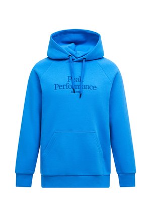 Felpa con cappuccio blu brillante con tasca frontale e testo "Peak Performance Est. 1986" ricamato sul petto.