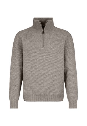Light brown textured knit sweater with long sleeves and a short zipper on a high collar.