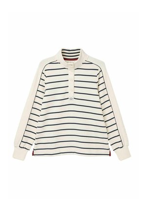 Long-sleeve, cream cotton shirt with navy horizontal stripes, buttoned, a high collar, and accent details at the sides and cuffs.