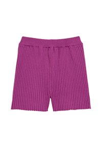 Purple ribbed shorts with an elastic waistband, featuring a straight cut and a textured fabric design. The hems are slightly scalloped.