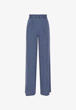 Bredde bukser i et blødt, blåt stof. Har elastisk talje og glat tekstur med færdige kanter.