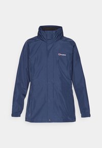 Navy waterproof jacket with a high collar, zip front, and two side pockets. Features subtle stitching and a logo on the left chest.
