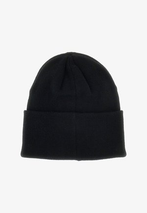 Căciulă tricotată neagră, cu margine răsucită, având o textură netedă și un vârf rotunjit, concepută pentru căldură și confort.