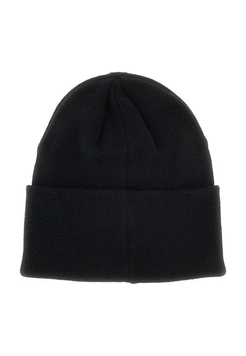 Berretto lavorato a maglia nero con orlo piegato, caratterizzato da una texture liscia e una parte superiore arrotondata, progettato per offrire calore e comfort.
