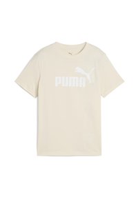 Svijetlo bež pamučna majica kratkih rukava, s velikim bijelim logotipom "PUMA" i grafikonom skočnog pumasa na prednjoj strani.