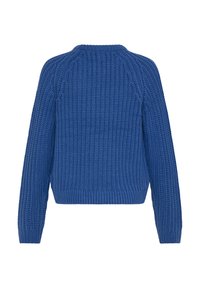 Pull en tricot bleu avec un design texturé et côtelé. Il présente un col rond et des manches longues, avec un ourlet ajusté. Vue de dos.