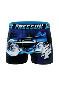 Des boxers en tissu extensible, présentant un design noir et bleu avec un graphique de voiture de course, des traînées lumineuses et une ceinture audacieuse.