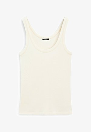 Ärmelloses cremefarbenes Tanktop aus weichem Stoff, mit einem runden Ausschnitt und glatter Textur. Einfaches Design ohne Muster oder Akzente.