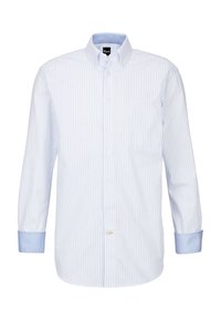 Helles blau gestreiftes Hemd aus Baumwolle. Button-Down-Kragen, weiße Knöpfe, eine Brusttasche und kontrastierende hellblaue Manschetten.
