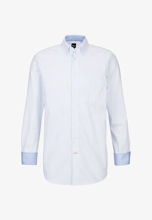 Camicia a righe blu chiaro in cotone. Colletto button-down, bottoni bianchi, taschino singolo sul petto e polsini a contrasto blu chiaro.