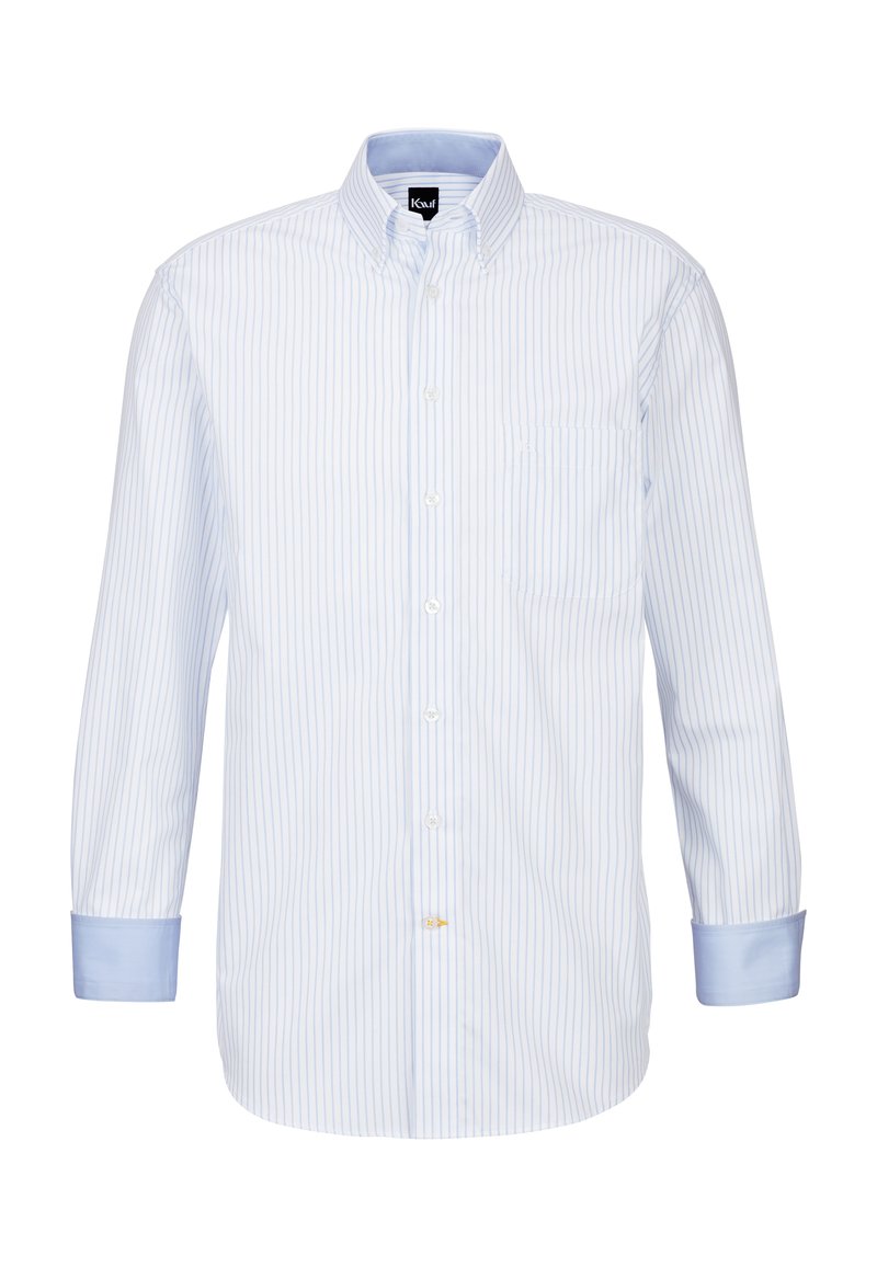 Helles blau gestreiftes Hemd aus Baumwolle. Button-Down-Kragen, weiße Knöpfe, eine Brusttasche und kontrastierende hellblaue Manschetten.
